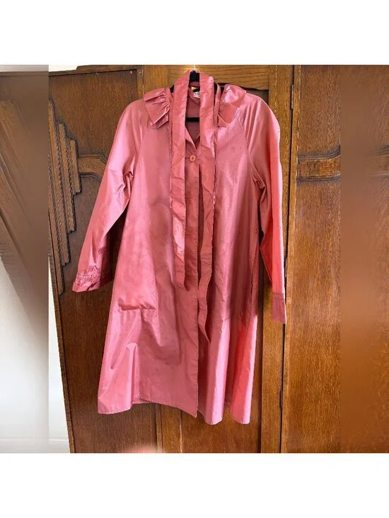 Vintage 1980s Totes Coat Pink Nylon Ruffle Trench Raincoat - Packable Unlined Si - Picture 5 of 12